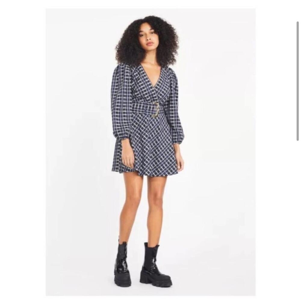 NWT Tanya Taylor Nicola Puff-Sleeve Belted Check Mini Dress - Picture 5 of 10